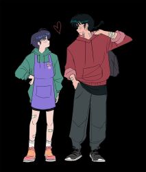  1boy 1girl apron bandaid bandaid_on_leg bandaid_on_neck bandaid_on_thigh bandaid_on_wrist black_background black_hair blue_hair blush braid commentary eye_contact frown green_hoodie grey_pants grey_shoes hand_in_pocket hand_on_own_hip heart hood hoodie isabel_(chabeescalante) looking_at_another pants purple_apron ranma_1/2 red_hoodie red_shoes saotome_ranma saotome_ranma_(male) shoes short_hair single_braid tendou_akane untranslatable_commentary 