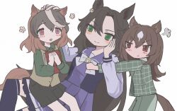  3girls :d :t aged_down animal_ears black_hair blush blush_stickers book bow brown_hair child collared_shirt commentary_request dot_nose green_eyes green_shirt green_shorts hair_between_eyes happy_aura headpat highres holding holding_book horse_ears horse_girl horse_tail jealous knee_up korean_commentary long_hair long_sleeves medium_hair multicolored_hair multiple_girls pink_eyes plaid_clothes plaid_shirt pleated_skirt pout puff_of_air purple_skirt purple_thighhighs raised_eyebrows red_eyes sailor_collar school_uniform shirt shorts simple_background single_hair_streak sirius_symboli_(umamusume) skirt smile speed_symboli_(umamusume) streaked_hair symboli_rudolf_(umamusume) tail thigh-highs tracen_school_uniform umamusume umanokono v-shaped_eyebrows very_long_hair vest white_background white_streaks winter_uniform 