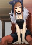  blunt_bangs brown_hair buttons chain character_request collar hat kushizukino_ayame leash legwear_under_shorts long_hair midriff navel open_mouth pantyhose shorts sitting solo 