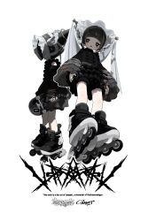  +_+ 2girls :o absurdres black_shoes commentary_request cone_horns dress frilled_dress frilled_sleeves frills highres horns inline_skates looking_down mochiyama_kingyo multiple_girls roller_skates shoes shorts skateboard skates sticker timc_vrc usasaki_(vrchat) 