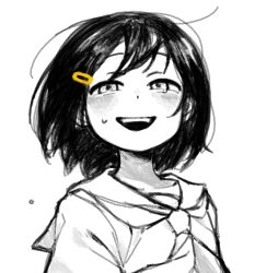  1girl :d bbyong403 blush commentary_request floating_hair greyscale hair_ornament hairclip half-closed_eyes hatching_(texture) korean_commentary looking_at_viewer monochrome neckerchief open_mouth original sailor_collar school_uniform serafuku shirt short_hair simple_background smile solo spot_color sweat teeth upper_body white_background 