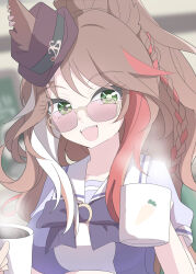  1girl absurdres animal_ears arnolddayo bow bowtie breasts brown_hair commentary_request cup ears_through_headwear fang fedora forever_young_(umamusume) green_eyes hat highres holding holding_cup horse_ears horse_girl jewelry large_breasts long_hair looking_at_viewer multicolored_hair open_mouth puffy_short_sleeves puffy_sleeves purple_bow purple_bowtie purple_shirt red-tinted_eyewear red_streaks sailor_collar sailor_shirt school_uniform shirt short_sleeves smile solo steam steaming_cup streaked_hair sunglasses teeth tinted_eyewear tracen_school_uniform umamusume upper_body upper_teeth_only white_sailor_collar white_streaks 