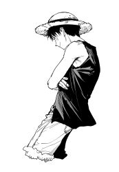  1boy abaraya closed_mouth cropped_legs crossed_arms from_side fur-trimmed_shorts fur_trim greyscale hat highres male_focus monkey_d._luffy monochrome one_piece profile scar scar_on_cheek scar_on_face shirt short_hair shorts simple_background sleeveless sleeveless_shirt smile solo straw_hat very_short_hair white_background 