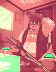  1boy absurdres arm_hair bastart13 beard blurry blurry_background bookshelf bow bowtie breast_pocket closed_mouth collared_shirt commentary english_commentary facial_hair fingernails glasses highres holding holding_weapon holographic_interface indoors jacket limited_palette long_sleeves male_focus old old_man opaque_glasses open_clothes open_jacket pietro_polendina pocket round_eyewear rwby shirt short_hair sitting sleeveless sleeveless_jacket smile unworn_bow warm_up weapon 
