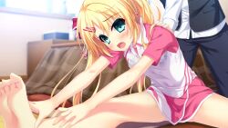  1boy 1girl assisted_stretching blonde_hair blue_pants blue_vest bow game_asset green_eyes hair_bow hand_on_another's_back hands_on_own_leg hinata_nao hoshimi_miku indoors kneeling kotatsu leaning_forward long_sleeves miniskirt non-web_source official_art on_floor open_mouth pants pink_skirt shirt short_sleeves sitting skirt sportswear spread_legs stretching table tennis_uniform twintails two-tone_shirt vest white_shirt wide_spread_legs window yuuwaku_scramble 