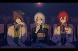  3girls ange_katrina ange_katrina_(lab_coat) animal_ears animal_on_shoulder beret bird bird_on_shoulder black_sweater blue_eyes blue_hair brown_dress brown_hair buttons cardigan chair closed_mouth coat collared_dress collared_shirt colored_inner_hair commentary cup dark_background dog_ears double-parted_bangs dress elbow_rest film_grain flower frown green_dress grey_hat grey_shirt group_picture hair_between_eyes hair_flower hair_ornament hair_over_shoulder hairclip hand_on_own_chin hand_up hat heterochromia highres holding holding_cup indoors inui_toko inui_toko_(fall_casual) koiwurea lab_coat lapels letterboxed lize_helesta lize_helesta_(fall_casual) long_hair long_sleeves looking_at_viewer low-tied_long_hair movie_theater multicolored_hair multiple_girls nijisanji notched_lapels one_ear_down open_cardigan open_clothes open_coat red_eyes red_hair sanbaka_(nijisanji) sebastian_piyodore shirt sketch streaked_hair sweater sweater_under_dress turtleneck turtleneck_sweater two-tone_hair untranslatable_commentary violet_eyes virtual_youtuber white_cardigan white_coat white_hair yellow_bird yellow_eyes 