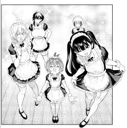  5girls amate_nano antenna_hair blank_eyes breasts closed_eyes commentary_request crossed_bangs curtsey dress garter_straps hachimure_kuin hands_on_own_hips height_difference izumida_fuyuki kiriya_kaika large_breasts looking_to_the_side madara_rumble maid maid_headdress multicolored_hair multiple_girls official_art one_eye_closed open_mouth puffy_short_sleeves puffy_sleeves shijou_mifune short_dress short_sleeves single_sidelock smile streaked_hair subaru_reo sweatdrop thigh-highs two-tone_hair wrist_cuffs 