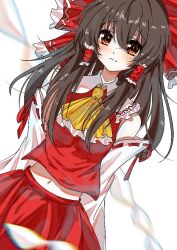  1girl arms_behind_back ascot blush bow brown_eyes brown_hair closed_mouth commentary detached_sleeves frilled_bow frilled_hair_tubes frills hair_bow hair_tubes hakurei_reimu hato_tototo long_hair midriff navel red_bow red_skirt ribbon-trimmed_sleeves ribbon_trim skirt skirt_set solo touhou yellow_ascot 
