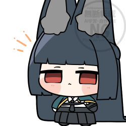  1girl animal_ear_fluff animal_ears aqua_jacket black_hair black_necktie black_skirt chibi commentary_request fox_ears fox_girl full_body highres hoshimi_miyabi jacket long_hair necktie red_eyes shinonome_nashi shirt skirt solo white_background white_shirt zenless_zone_zero 