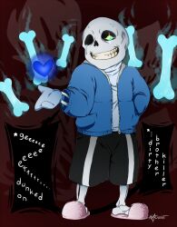  1boy 2015 2d aqua_eyes aqua_shirt black_shorts blue_jacket blue_slippers bone brown_background comic_sans commentary digital_media drawstring english_commentary english_text eternalemblem floating_object full_body gasterblaster grey_hood grey_mittens hand_in_pocket hand_up hollow_eyes hood hood_down hooded_jacket humanoid jacket long_sleeves looking_at_viewer male male_focus male_only mittens monster monster_boy open_clothes open_jacket sans_(undertale) shadow shirt shorts simple_background single_vertical_stripe skeleton skull slippers solo standing striped_clothes striped_shorts sweat tears teeth text two-tone_eyes undead undertale utdr_(toby_fox) vertical-striped_clothes vertical-striped_shorts white_stripes yellow_eyes zipper 