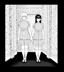  2girls absurdres black_border border breasts commentary_request cosplay curtains dress grady_sisters_(the_shining) grady_sisters_(the_shining)_(cosplay) greyscale hallway highres holding_hands izumida_fuyuki kiriya_kaika kneehighs large_breasts madara_rumble medium_breasts medium_dress monochrome multiple_girls parody short_hair socks subaru_reo the_shining 