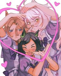  3girls ahoge animal_ears bandaid bandaid_on_cheek bandaid_on_face biwa_hayahide_(umamusume) black_hair blue_eyes blush bnw_(umamusume) bow bowtie breasts brown_hair closed_eyes closed_mouth glasses grey_hair hair_between_eyes hair_ornament hairclip heart heart_arms heart_arms_trio highres horse_ears horse_girl long_hair multiple_girls narita_taishin_(umamusume) open_mouth parted_lips pleated_skirt puffy_short_sleeves puffy_sleeves purple_bow purple_bowtie purple_shirt sailor_collar sailor_shirt school_uniform semi-rimless_eyewear shirt short_hair short_sleeves skirt smile tracen_school_uniform ufojellies umamusume under-rim_eyewear white_sailor_collar white_skirt winning_ticket_(umamusume) yellow_eyes 