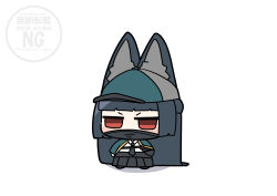  1girl absurdres animal_ear_fluff animal_ears aqua_jacket black_hair black_necktie black_skirt chibi commentary_request fox_ears fox_girl full_body hat highres hoshimi_miyabi jacket long_hair mask mouth_mask necktie red_eyes shinonome_nashi shirt skirt solo white_background white_shirt zenless_zone_zero 