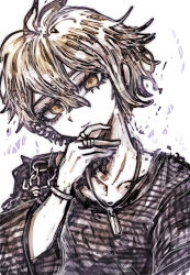  1boy amami_rantaro commentary_request danganronpa_(series) danganronpa_v3:_killing_harmony green_eyes green_hair hair_between_eyes hand_up highres jewelry long_sleeves male_focus messy_hair necklace shirt short_hair simple_background smile solo striped_clothes striped_shirt tsukihi_shida white_background 