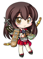  1girl :t akagi_(kancolle) blush bowl brown_gloves brown_hair chibi chibi_only chopsticks closed_mouth commentary_request double-parted_bangs egg_(food) food full_body gloves grey_sandals hair_between_eyes hakama hakama_short_skirt hakama_skirt holding holding_bowl holding_chopsticks japanese_clothes kantai_collection kimono long_hair looking_at_viewer muneate noodles okobo platform_sandals red_hakama sandals shinjitsu short_sleeves simple_background skirt solo soup standing thigh-highs white_background white_kimono white_thighhighs yellow_eyes zettai_ryouiki 