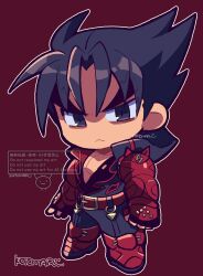  1boy black_eyes black_hair boots commentary_request full_body highres kazama_jin kotomaru_(kotokoto_kottan) looking_at_viewer male_focus outline pectorals red_background red_boots signature simple_background solo spiky_hair tekken v-shaped_eyebrows white_outline 