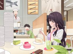  1girl 2boys ^_^ black_hair blush breasts cake cake_slice cardigan chef child closed_eyes closed_mouth commentary cup dress_shirt drink drinking_glass drinking_straw faceless faceless_male food food_bite fork glutton hand_on_own_cheek hand_on_own_face hat highres holding holding_fork indoors jacket kaoru_hana_wa_rin_to_saku leaf long_hair multiple_boys necktie open_cardigan open_clothes open_mouth plate purple_shirt red_necktie restaurant shirt short_hair sitting slice_of_life solo_focus sweets table three-quarter_sleeves very_short_hair vulpes waguri_kaoruko white_cardigan white_hat white_jacket 