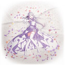 1girl :d braid dress elbow_gloves emilia_(re:zero) floating_hair flower full_body game_asset gloves grand_summoners grey_hair hair_flower hair_ornament hair_ribbon layered_skirt long_hair looking_at_viewer low-tied_long_hair official_art open_mouth outstretched_arm petals pointy_ears purple_flower purple_ribbon re:zero_kara_hajimeru_isekai_seikatsu ribbon rose skirt smile solo thigh-highs very_long_hair violet_eyes white_dress white_flower white_gloves white_hair white_rose white_thighhighs x_hair_ornament zettai_ryouiki 