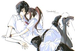  1boy 1girl black_eyes black_hair black_pants black_pantyhose black_shoes braid brown_eyes brown_hair chromatic_aberration closed_mouth collared_shirt commentary copyright_name dress dress_shirt english_text expressionless feet_up girl_on_top hair_ornament hair_over_one_eye hairclip head_on_another's_shoulder head_tilt hetero highres long_hair looking_at_another lying medium_dress minakami_yuki necktie on_back on_stomach open_collar pants pantyhose parallel_hairclips partially_open_shirt ponytail red_necktie school_uniform shirt shoes short_sleeves sidelighting sidelocks silent_yan simple_background smile subarashiki_hibi summer_uniform untranslatable_commentary white_background white_dress white_shirt yuuki_tomosane 