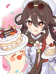  1girl :q absurdres bare_shoulders blush boo_tao_(genshin_impact) brown_hair cake cake_slice closed_mouth commentary_request double-parted_bangs dress eyewear_on_head flower-shaped_pupils food genshin_impact hair_between_eyes halftone halftone_background happy_birthday hat highres hu_tao_(genshin_impact) long_hair looking_at_viewer miz_(mizillustration) pink_background red_eyes sleeveless sleeveless_dress smile solo sunglasses symbol-shaped_pupils tongue tongue_out upper_body white_dress white_hat 