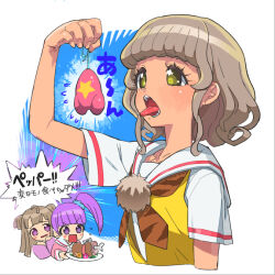  3girls animal brown_hair brown_neckerchief commentary_request food grey_hair holding holding_animal holding_plate kiracchu_(pri_chan) kiratto_pri_chan manaka_non manaka_non_(normal) meat medium_hair mole mole_under_mouth moudoku_(decopon3rd) mouse_(animal) multiple_girls neckerchief open_mouth plate pretty_series pripara purple_hair sailor_collar school_uniform shirt sidelocks taiyo_pepper tan tongue tongue_out translation_request tsukikawa_chili tsukikawa_chili_(normal) violet_eyes white_sailor_collar white_shirt 