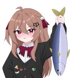  1girl absurdres ahoge animal badge black_cardigan bow bowtie broken_heart broken_heart_hair_ornament button_badge cardigan collared_shirt commentary dress_shirt english_commentary evil_neuro-sama evil_neuro-sama_(1st_costume) fish hair_between_eyes hair_ornament heart heart_hair_ornament highres holding holding_animal holding_fish hororin long_hair long_sleeves looking_at_viewer red_bow red_bowtie red_eyes red_ribbon ribbon shirt simple_background skull_hair_ornament solo tongue tongue_out torn_bowtie torn_hair_ribbon two-sided_fabric two_side_up upper_body vedal_ai virtual_youtuber white_background white_shirt 