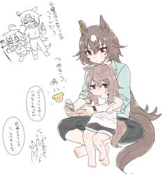  2girls aged_down animal_ears applying_manicure black_pants black_shorts blush brown_hair chibi child clipping_another's_nails clipping_fingernails closed_mouth dot_mouth dot_nose ear_ornament embarrassed grabbing_another's_hand hair_between_eyes horse_ears horse_girl horse_tail indian_style long_hair medium_hair multicolored_hair multiple_girls nail_clippers nakayama_festa_(umamusume) pants red_eyes shorts simple_background single_hair_streak sirius_symboli_(umamusume) sitting sitting_on_lap sitting_on_person sparkling_eyes speech_bubble streaked_hair sweatdrop tail tank_top umamusume v-shaped_eyebrows very_long_hair violet_eyes wanuuma watch watch white_background white_streaks white_tank_top 