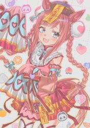  1girl absurdres agnes_digital_(lovely_jiangshi)_(umamusume) agnes_digital_(umamusume) animal_ears blue_eyes blush braid bun_cover detached_sleeves double_bun dress food fruit hair_bun hat highres horse_ears horse_girl horse_tail jiangshi jiangshi_costume long_hair long_sleeves looking_at_viewer namaniku_(user_nxxf7457) official_alternate_costume ofuda open_mouth orange_(fruit) peach pink_dress pink_hair pink_sleeves qingdai_guanmao sleeves_past_fingers sleeves_past_wrists smile solo tail talisman twin_braids umamusume yin_yang 