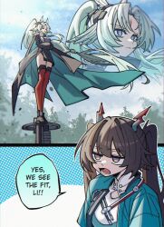  2girls absurdres arcane_(arknights) arknights arknights:_endfield black_jacket blue_eyes blue_sky brown_hair chen_qianyu_(arknights) clouds crossed_arms day dragon_girl dragon_horns dryegen facial_mark forehead_mark green_jacket highres horns jacket long_hair multiple_girls outdoors ponytail red_thighhighs sky standing thigh-highs thighs twintails very_long_hair violet_eyes white_hair 