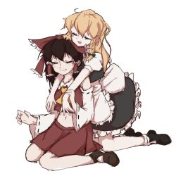  2girls apron ascot black_shoes black_skirt black_vest blonde_hair bow braid brown_hair brown_shoes closed_eyes closed_mouth commentary detached_sleeves frilled_bow frilled_hair_tubes frills green_bow hair_bow hair_tubes hakurei_reimu highres hot_dog555 hug hug_from_behind kirisame_marisa long_hair midriff missing_headwear multiple_girls navel open_mouth red_bow red_skirt ribbon-trimmed_sleeves ribbon_trim shoes side_braid single_braid sitting skirt skirt_set smile socks touhou vest waist_apron white_apron white_bow white_socks yellow_ascot yuri 