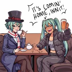  2girls aqua_eyes aqua_hair beer_mug cattsica coat crossed_legs cup earrings england english_flag english_miku hat hatsune_miku highres holding holding_cup hoop_earrings jacket jewelry long_hair meme midriff mug multiple_girls pants pinky_out saucer scarf sitting sweatpants table tan teacup teapot top_hat trench_coat twintails very_long_hair vocaloid white_background world_cup 