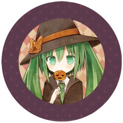  1girl amakaze_sora argyle_background black_hat bow brown_bow brown_robe collared_shirt commentary_request covered_mouth green_eyes green_hair green_necktie hand_up hat hat_bow hatsune_miku holding hood hood_down hooded_robe long_hair lowres necktie robe shirt solo twintails vocaloid white_shirt witch_hat 