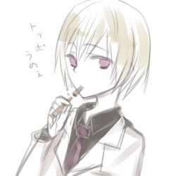  1girl amakaze_sora black_shirt brown_hair collared_shirt food hair_between_eyes holding holding_food jacket long_sleeves looking_at_viewer lowres necktie original purple_necktie shirt short_hair simple_background solo translation_request upper_body violet_eyes white_background white_jacket 