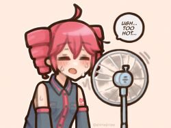  1girl ahoge detached_sleeves drill_hair electric_fan english_text hair_between_eyes highres hot kasane_teto open_mouth red_hair shimejimee shirt simple_background solo speech_bubble twin_drills twitter_username utau vocaloid 