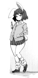  1girl alternate_costume animal_ears buttons cardigan collared_shirt commentary_request contemporary dot_nose full_body greyscale hand_in_pocket hand_up heel_up highres holding holding_phone inaba_tewi ippongui jitome loafers long_sleeves looking_at_viewer loose_socks miniskirt monochrome notice_lines parted_lips phone pleated_skirt rabbit_ears rabbit_girl rabbit_tail shirt shoes short_hair simple_background skirt socks solo standing tail touhou variant_set white_background 