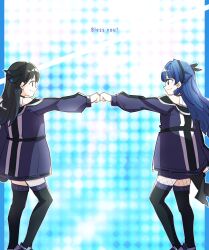  2girls ampere_(love_live!) animification black_hair black_pantyhose black_thighhighs bless_you!_(love_live!) blue_coat blue_eyes blue_hair blue_streaks closed_mouth coat commentary fishnet_pantyhose fishnets fist_bump heel_up highres kanduki_kamibukuro long_hair long_sleeves love_live! love_live!_hasu_no_sora_jogakuin_school_idol_club multicolored_hair multiple_girls murano_sayaka nonaka_kokona off-shoulder_coat off_shoulder pantyhose profile real_life shirt sleeveless sleeveless_shirt smile song_name streaked_hair thigh-highs voice_actor voice_actor_connection white_shirt zettai_ryouiki 