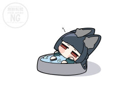  1girl absurdres animal_ear_fluff animal_ears aqua_jacket black_hair chibi commentary_request fox_ears fox_girl highres hoshimi_miyabi ice jacket long_hair lying on_back red_eyes shinonome_nashi solo water white_background zenless_zone_zero 