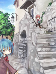  2girls amakaze_sora black_skirt black_thighhighs blue_eyes blue_hair blue_sky book brown_shoes building clouds commentary_request day grey_eyes hair_between_eyes handrail holding holding_book jacket multiple_girls open_book original outdoors pleated_skirt purple_jacket red_hair shoes sitting sitting_on_stairs skirt sky stairs stone_stairs thigh-highs tree wall_lamp window 