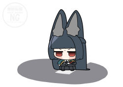 1girl absurdres animal_ear_fluff animal_ears aqua_jacket black_hair black_necktie black_skirt chibi commentary_request fox_ears fox_girl full_body highres hoshimi_miyabi jacket long_hair necktie red_eyes shadow shinonome_nashi shirt skirt solo white_background white_shirt zenless_zone_zero 