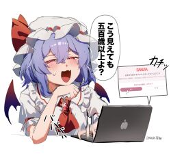  1girl alt_text apple_inc. ascot bad_id bad_twitter_id bat_wings blue_hair blush brooch commentary_request computer hair_between_eyes half-closed_eyes hat hat_ribbon highres jewelry laptop mob_cap ninzin_88hon open_mouth red_ascot red_eyes remilia_scarlet ribbon shirt simple_background smile solo speech_bubble sweatdrop touhou translation_request twitter_username upper_body white_background white_hat white_shirt wings 