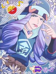 1boy bag beanie choker eyelid_pull hat hisuian_electrode jewelry long_hair long_sleeves male_focus melli_(pokemon) pokemon pokemon_legends:_arceus purple_hair runachikku satchel skuntank solo tongue tongue_out 