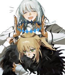  1boy 1girl ahoge artist_name artoria_caster_(fate) artoria_caster_(third_ascension)_(fate) artoria_pendragon_(fate) blonde_hair blush buttons closed_eyes closed_mouth crown embarrassed fate/grand_order fate_(series) fur_trim green_eyes grey_hair hair_between_eyes hands_up happy highres holding holding_crown long_hair long_sleeves looking_afar low_twintails notice_lines oberon_(fate) oberon_(second_ascension)_(fate) open_mouth shirt short_hair simple_background smile ss_un17 twintails upper_body white_background white_shirt wide_sleeves 