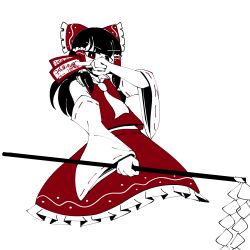  1girl ascot avian_zebra between_fingers black_hair bow commentary detached_sleeves english_commentary frilled_bow frilled_hair_tubes frilled_skirt frills gohei hair_bow hair_tubes hakurei_reimu highres holding holding_gohei holding_ofuda long_hair looking_at_viewer ofuda ofuda_between_fingers red_bow red_eyes red_skirt ribbon-trimmed_sleeves ribbon_trim simple_background skirt skirt_set solo touhou white_background yellow_ascot 