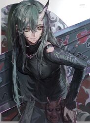  1girl absurdres alariess arknights black_shirt breasts chinese_commentary closed_mouth commentary_request cowboy_shot green_hair hair_between_eyes hand_on_own_hip highres holding holding_shield horns hoshiguma_(arknights) hoshiguma_(ronin_huntress)_(arknights) jewelry long_hair long_sleeves looking_at_another magatama magatama_necklace mask medium_breasts necklace official_alternate_costume oni_mask shield shirt single_horn skin-covered_horns smile solo yellow_eyes 
