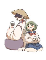  1boy 1girl ajirogasa black_lips blue_serafuku blush commentary_request earrings food food_on_face green_eyes green_hair grey_hair hat highres hinako_(omusubi) issa_(omusubi) japanese_clothes jewelry kariginu kneeling kyuukei_usagi long_hair long_skirt omusubi_(game) onigiri plump ponytail rice rice_on_face school_uniform serafuku short_hair skirt tassel tassel_earrings 