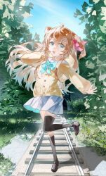  ahoge aqua_bow aqua_bowtie asymmetrical_legwear badge black_socks black_thighhighs blue_eyes blue_sailor_collar blue_skirt bow bowtie brown_hair brown_shoes bush button_badge cardigan commentary day english_commentary from_side full_body grass hair_ornament hair_ribbon hand_up heart heart_hair_ornament highres loafers long_hair looking_at_viewer miniskirt neuro-sama neuro-sama_(1st_costume) open_mouth outdoors pleated_skirt railroad_tracks red_ribbon ribbon sailor_collar shadow shoes single_sock single_thighhigh skirt skylight socks standing standing_on_one_leg thigh-highs tree two_side_up uneven_legwear vedal_ai virtual_youtuber witaminu yellow_cardigan 
