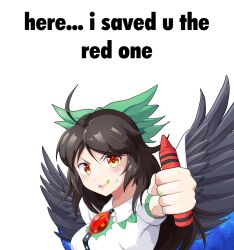  1girl bird_wings black_wings bow brown_hair cape chest_eye collared_shirt crayon eating_non-food english_text feathered_wings frilled_shirt_collar frills green_bow hair_bow highres holding holding_crayon long_hair print_cape puffy_short_sleeves puffy_sleeves red_eyes reiuji_utsuho shirt short_sleeves simple_background solo starry_sky_print third_eye toogeruu touhou two-sided_cape two-sided_fabric upper_body white_background white_cape white_shirt wings 