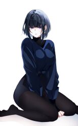  1girl black_skirt black_thighhighs blue_eyes blue_hair blue_shirt blunt_bangs commentary_request earrings highres hime_cut jewelry kayoi on_floor original shirt short_hair sitting skirt thigh-highs turtleneck turtleneck_shirt wariza white_background 