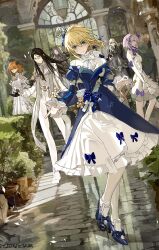  2boys 4girls ahoge artist_name artoria_pendragon_(fate) black_gloves black_hair blue_bow blue_shoes bow bowtie brown_hair chinese_commentary commentary_request dated dress dress_bow elbow_gloves fate/grand_order fate_(series) fujimaru_ritsuka_(female) glasses gloves green_eyes highres leonardo_da_vinci_(caster)_(fate) leonardo_da_vinci_(fate) lord_el-melloi_ii mash_kyrielight mingshuoxiaoyi multiple_boys multiple_girls orange_hair pants pantyhose pink_hair purple_bow saber_(fate) shoes standing tezcatlipoca_(fate) two-tone_dress waver_velvet white_bow white_bowtie white_dress white_pants white_pantyhose 