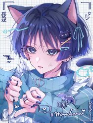  1boy anger_vein animal_ears annoyed apron black_hair black_tail blue_jacket blue_ribbon blue_sleeves blunt_ends border cat_boy cat_ears cat_tail character_name clenched_hands drop_shadow ear_piercing earrings eyeliner fang frilled_apron frills full-length_zipper genshin_impact grid_background hair_intakes hair_ornament hair_ribbon hairclip hands_up heart heart_hands heart_in_heart_hands heart_zipper highres jacket jewelry long_sleeves lower_eyelashes_only makeup male_focus open_mouth piercing portrait purple_nails red_eyeliner ribbon ring scaramouche_(cat)_(genshin_impact) scaramouche_(genshin_impact) solo tail thumbs_down thumbs_down_heart_hands toa_scara track_jacket tsurime turtleneck turtleneck_jacket violet_eyes wanderer_(genshin_impact) white_apron white_background white_border white_trim wispy_bangs zipper zipper_pull_tab 